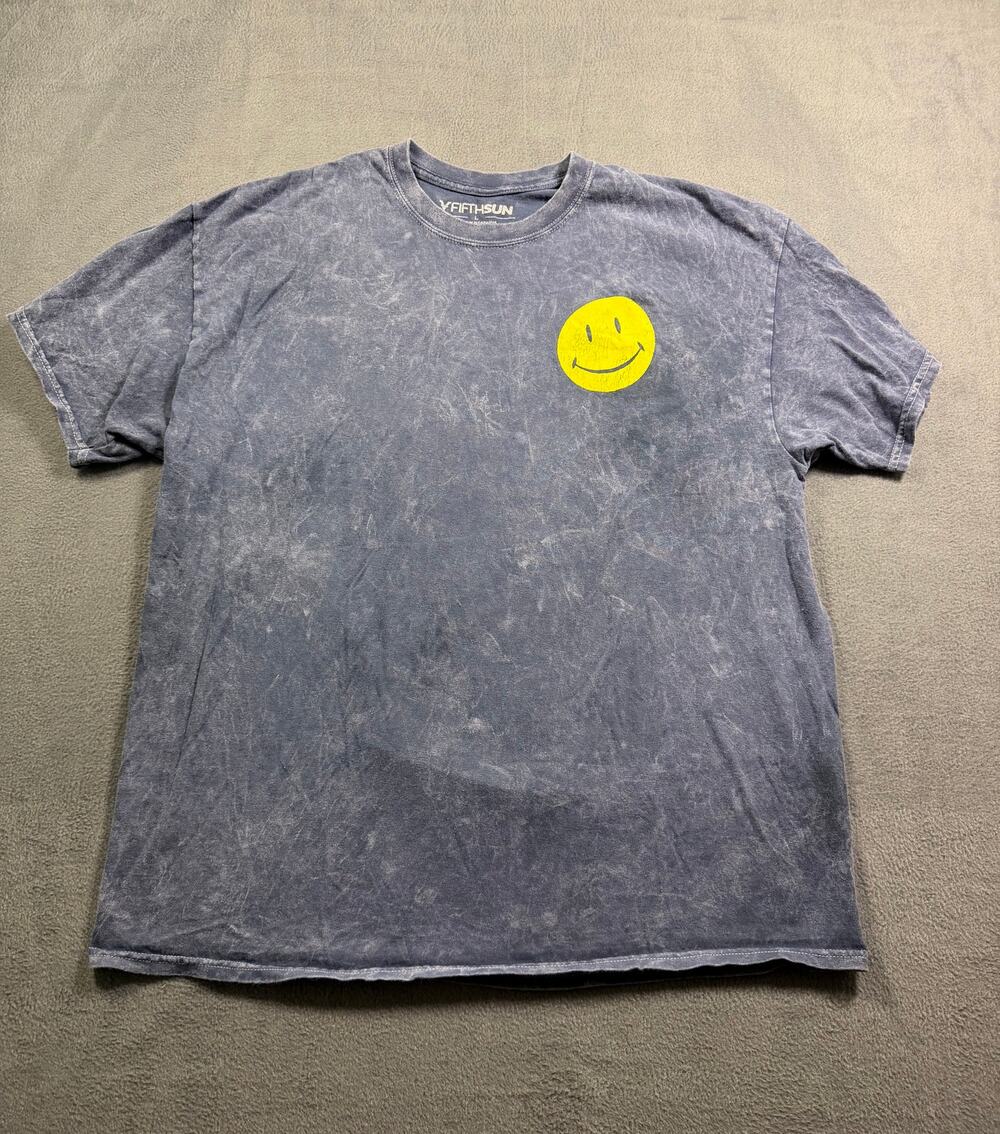 Fifth Suns Mens T Shirt Large Gray Acid Wash Smiley Face Graphic Short Sleeve